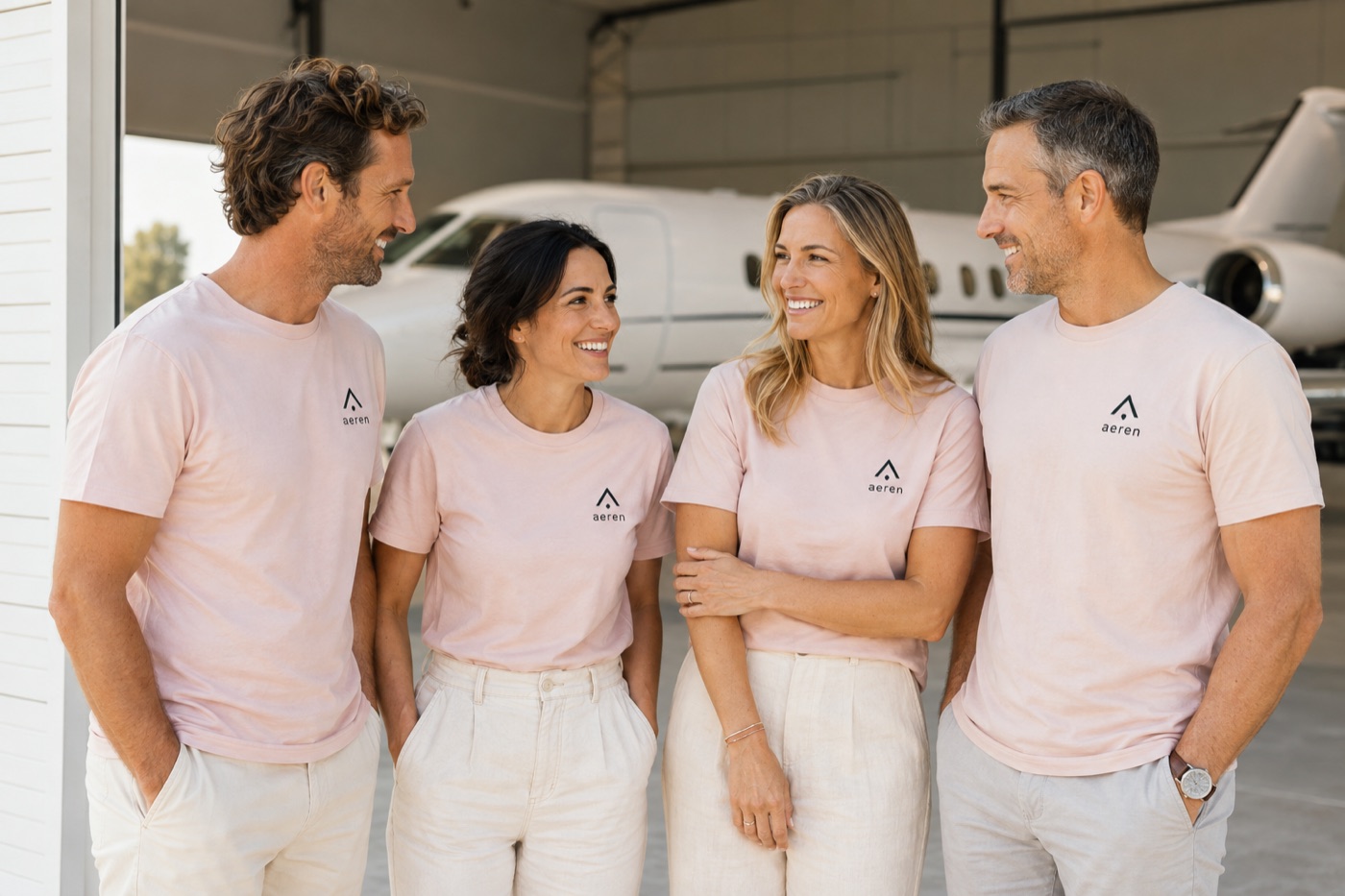 Aeren concept team in pale pink shirts, together beside a private jet