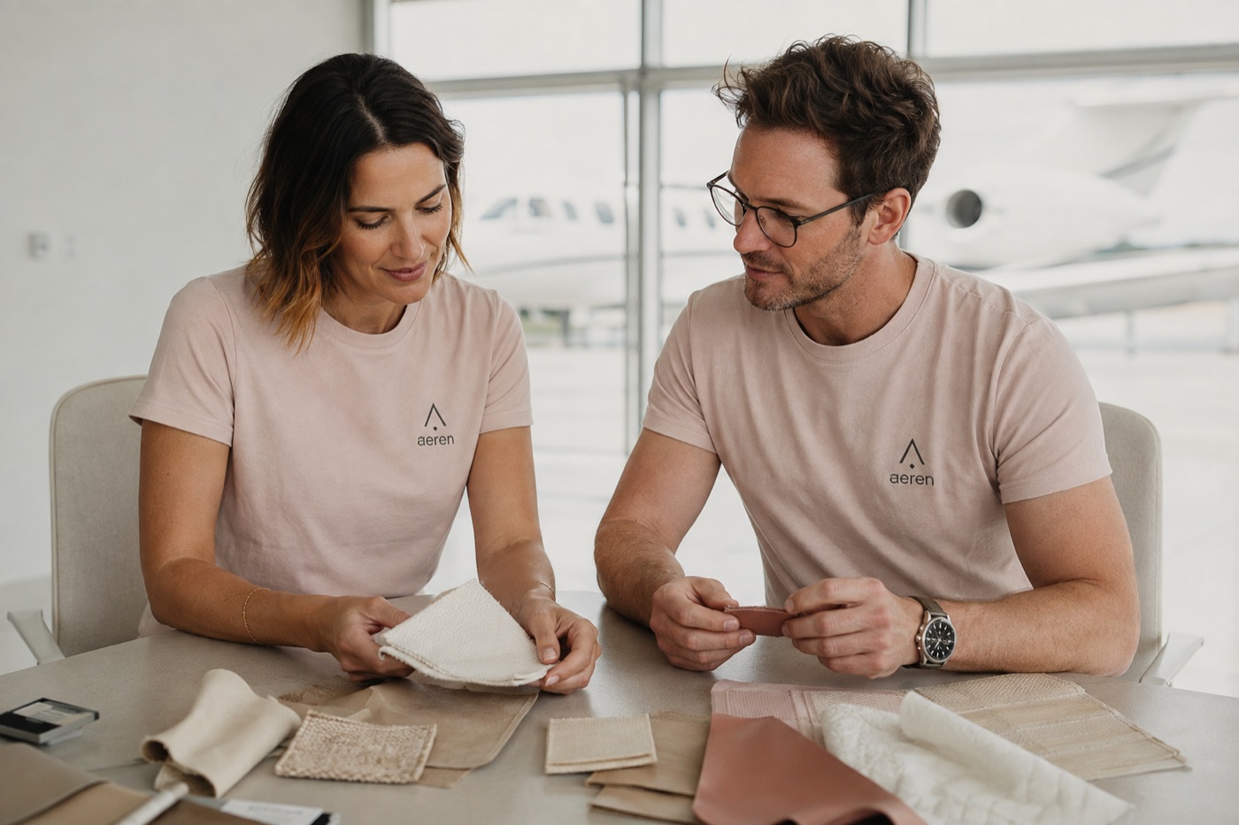 Two Aeren concept colleagues in pale pink shirts discussing cabin materials
